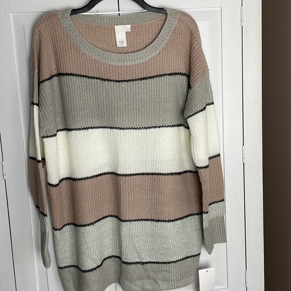 Ady P Striped Color Block Sweater Pink White Gray Cream Tan Size Large - Picture 2 of 9